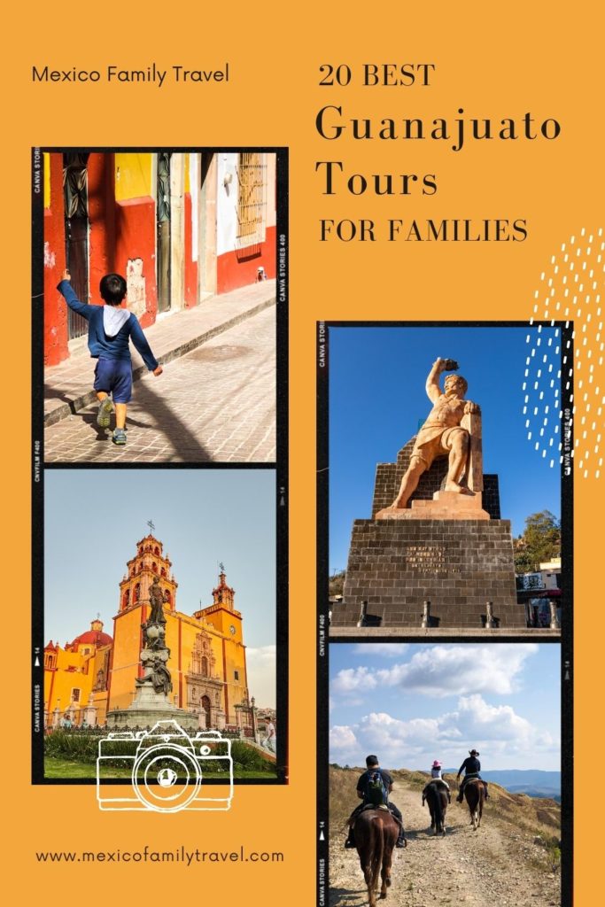 20 Best Guanajuato Tours for Families | Mexico Family Travel

Pinterest image of four photos. The top left photo is of a boy walking through a street. The bottom left is of a yellow and red cathedral. The top right is a photo of a status. The bottom right is three people riding horses.